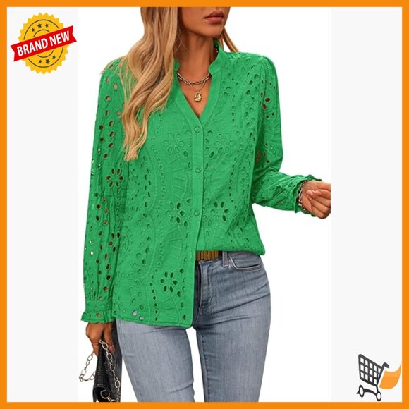 Tops - Long Sleeve Button Down Blouse with Floral Embroidery V-Neck Loose Fit